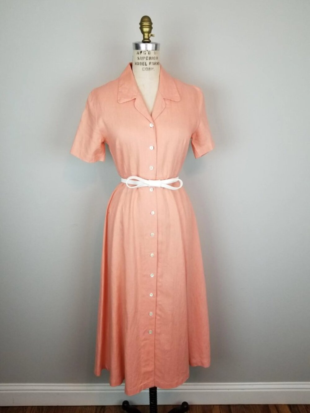 Vintage 1950's Style Spring Peach Linen Midi Shirtdress * Ladies Size Petite Sm
